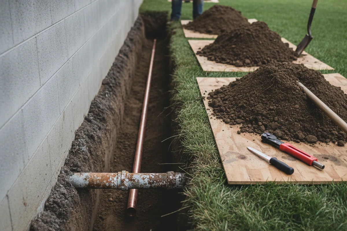 Excavated water line trench during Water Softener Installation in Cedar Springs